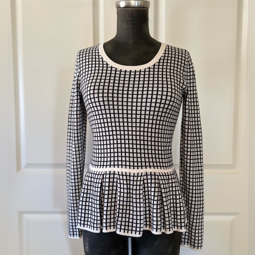 Banana Republic Windowpane Peplum Sweater Black White Cotton XS